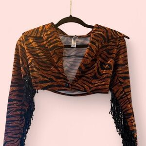 Forplay Tiger Print Crop Top with Fringe